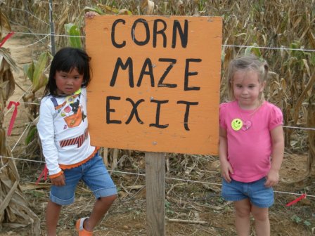 Kasen and Sarah at the corn maze exit